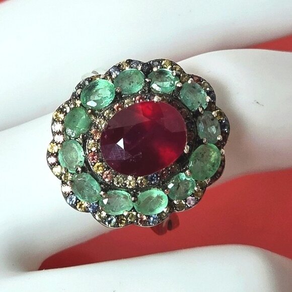 925 Sterling Silver Ring Sz 7.75 with Natural Ruby, Emeralds & Sapphire Gems - Picture 11 of 12